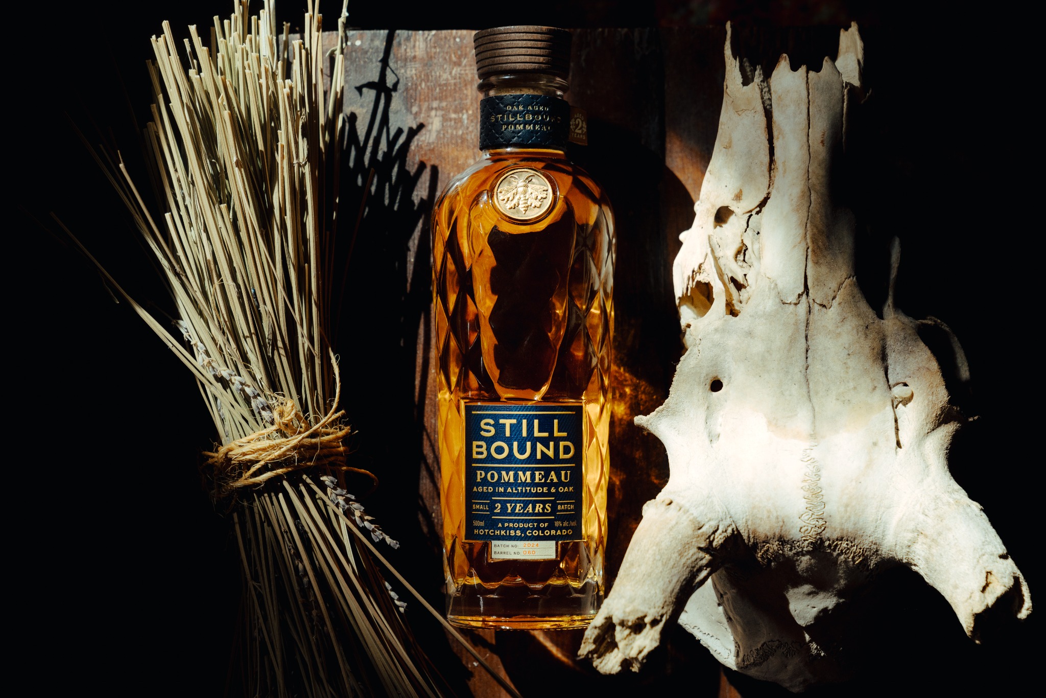 Stillbound Pommeau glowing in direct light beside dried grasses, wood and a weathered animal skull