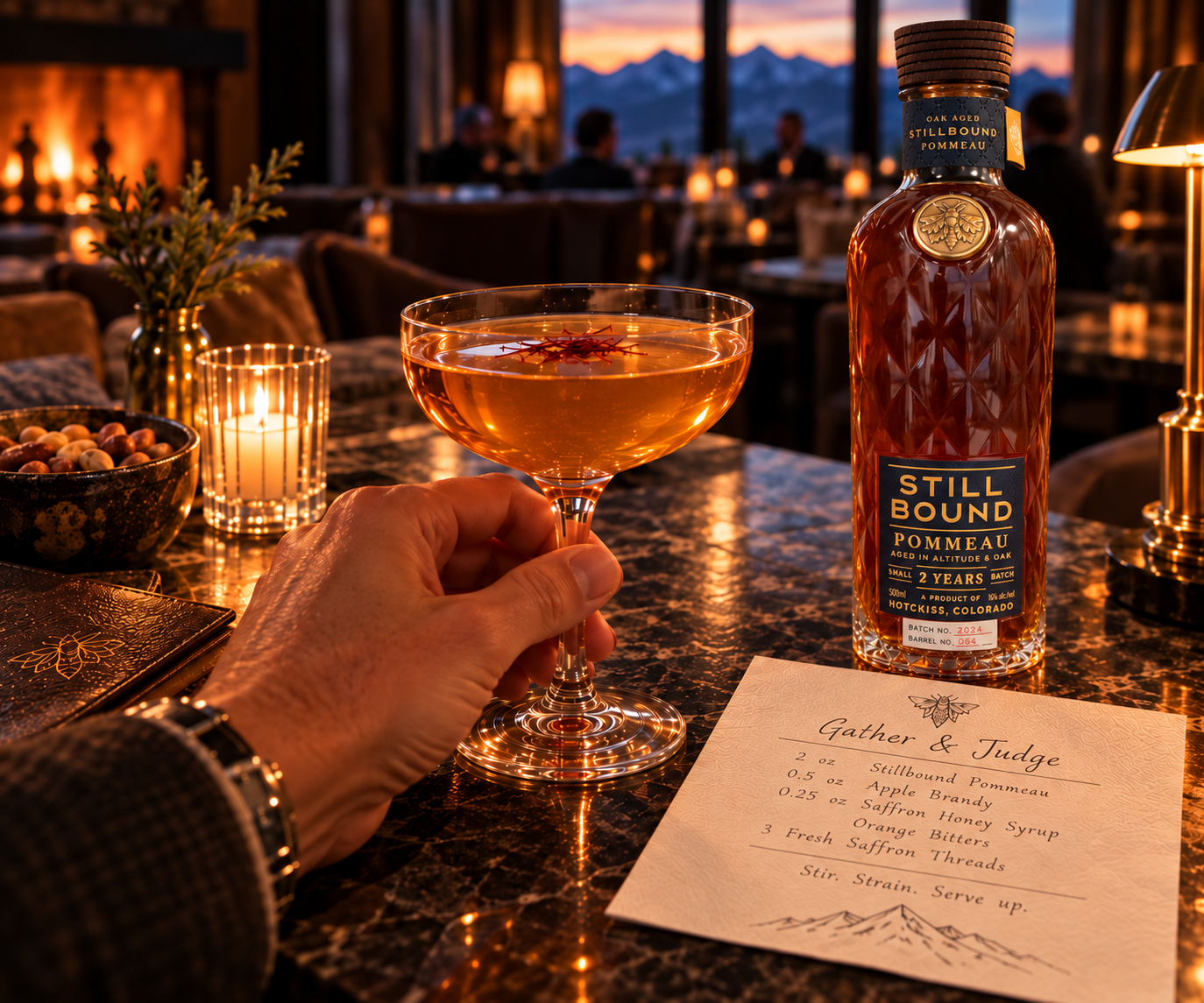 A hand raising a Stillbound Pommeau cocktail beside the bottle in a warm mountain lounge