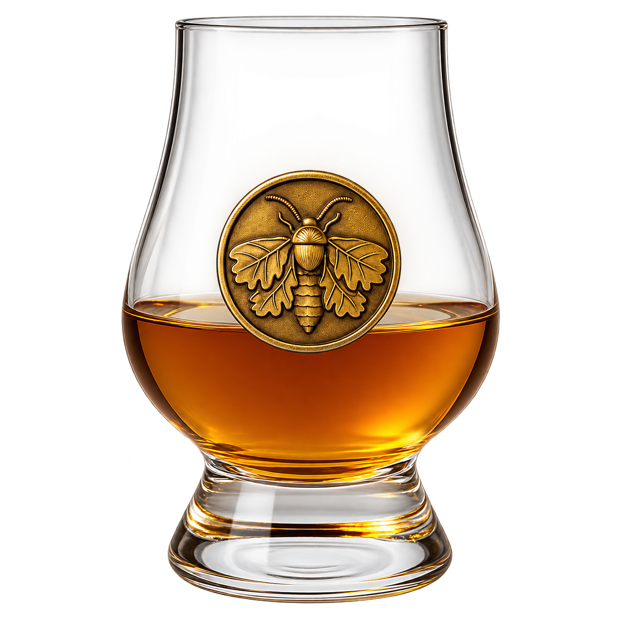 Stillbound Pommeau poured neat in a Glencairn glass with the moth medallion